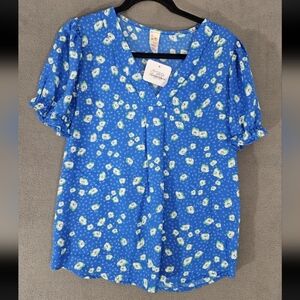 7th Ray Womens Shirt Top Small S Blue Floral Flowy Stretch USA Short Sleeve New